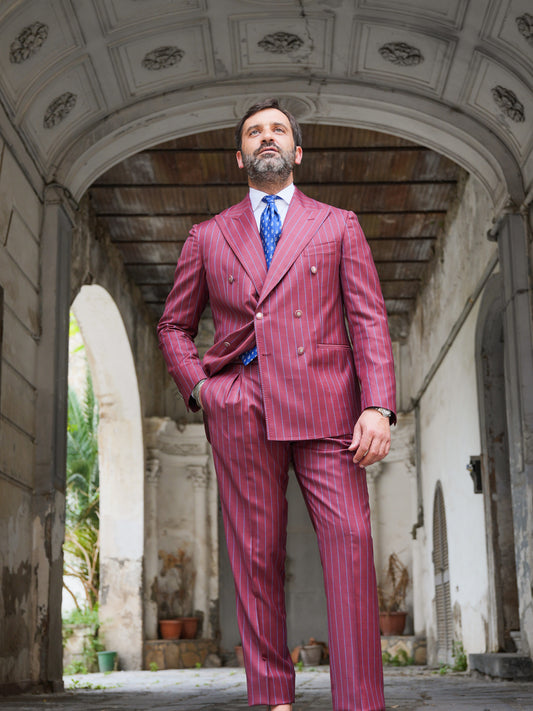 ABITO DOPPIOPETTO GESSATO ROSSO CON RIGO AZZURRO