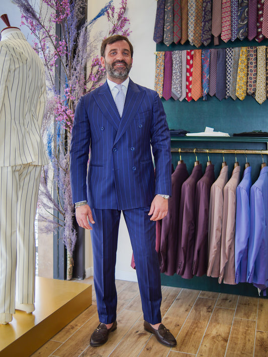 ABITO DOPPIOPETTO BLU CON RIGO BLU COBALTO