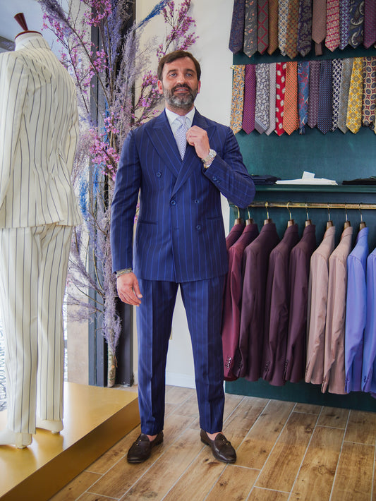 ABITO DOPPIOPETTO BLU CON RIGO BLU COBALTO